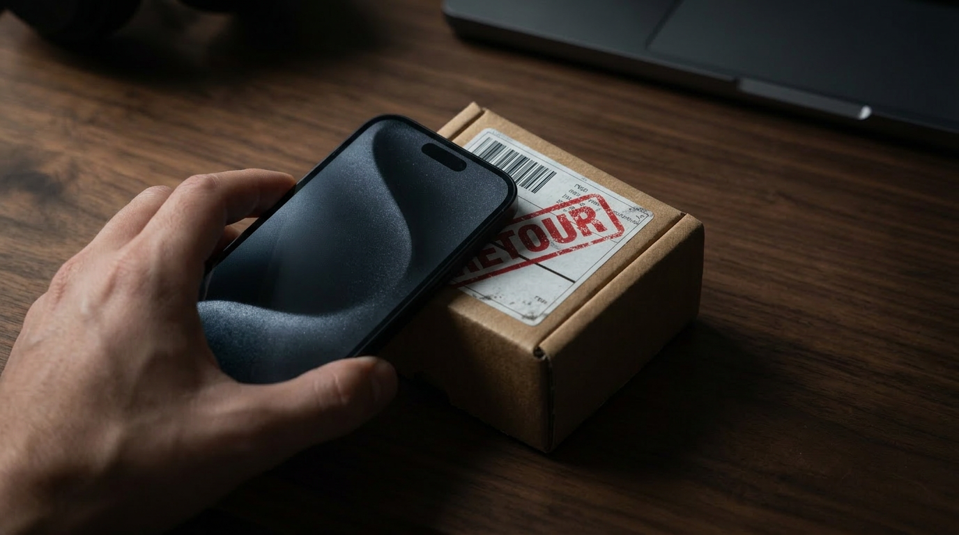 Hand tapping a smartphone onto the red RETOUR label of an OFFBOX